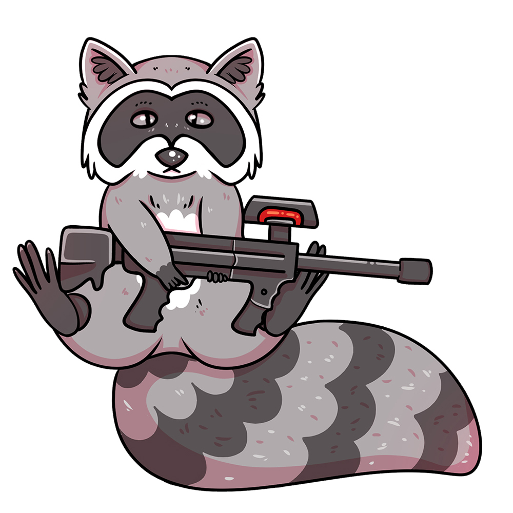 Illustration of a raccoon with a laser tag gun for Area 53 NYC